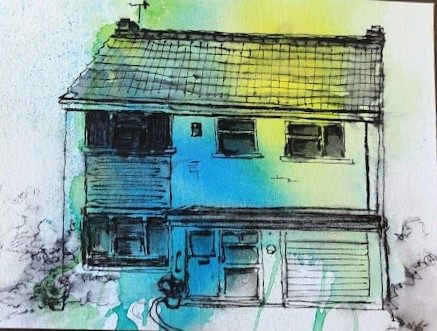 Chrissy F, a friend's house, acrylic inks & pen & ink.